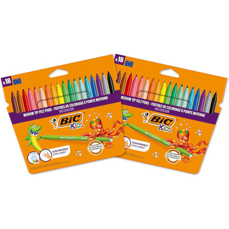 BIC Kids Kid Couleur Feutres de Coloriage à Pointe Moyenne - Couleurs Assorties, Etui Carton Format Spécial de 24